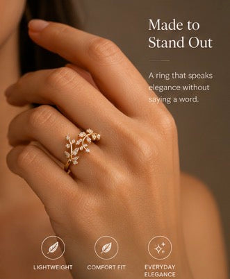 Elegant Gold Vine Leaf CZ Ring – Sparkling Statement Jewellery