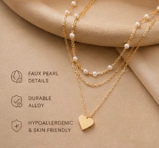 Nova SA Layered Pearl & Heart Necklace