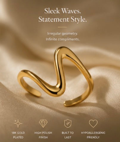 18K Gold-Plated Wave Ring – Adjustable Minimalist Statement Ring