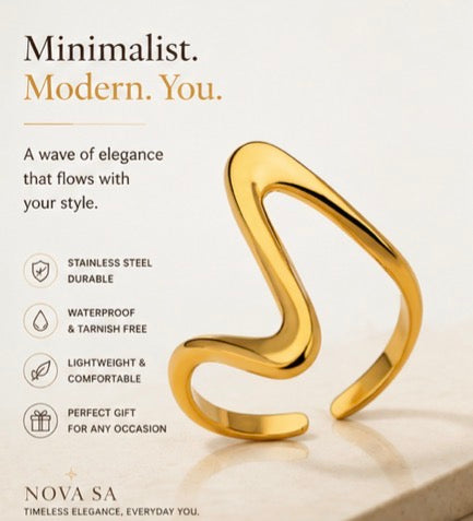 18K Gold-Plated Wave Ring – Adjustable Minimalist Statement Ring