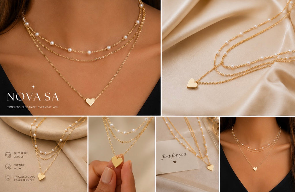 Nova SA Layered Pearl & Heart Necklace