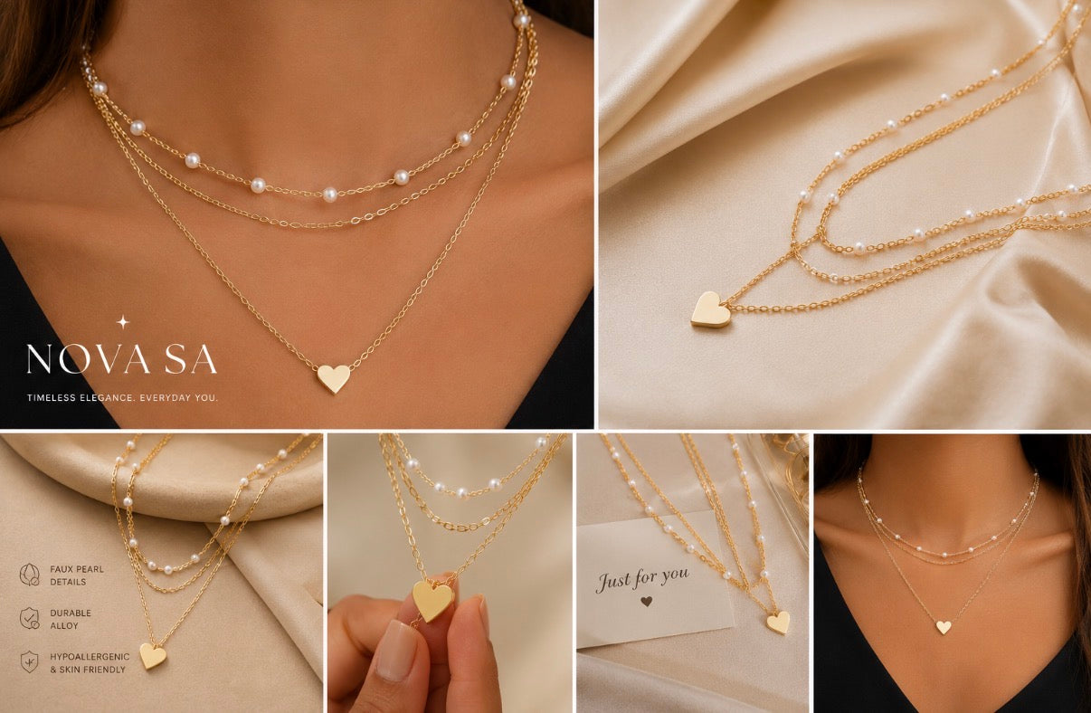 Nova SA Layered Pearl & Heart Necklace