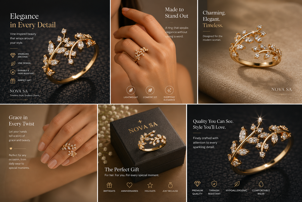 Elegant Gold Vine Leaf CZ Ring – Sparkling Statement Jewellery