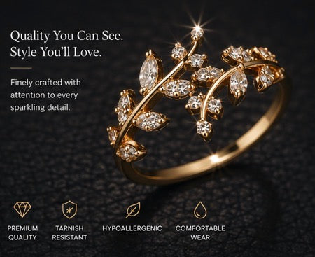 Elegant Gold Vine Leaf CZ Ring – Sparkling Statement Jewellery