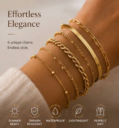 6-Piece Gold Bracelet Stack – Elegant Layered Chain Set