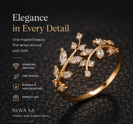 Elegant Gold Vine Leaf CZ Ring – Sparkling Statement Jewellery