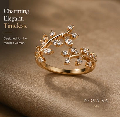 Elegant Gold Vine Leaf CZ Ring – Sparkling Statement Jewellery