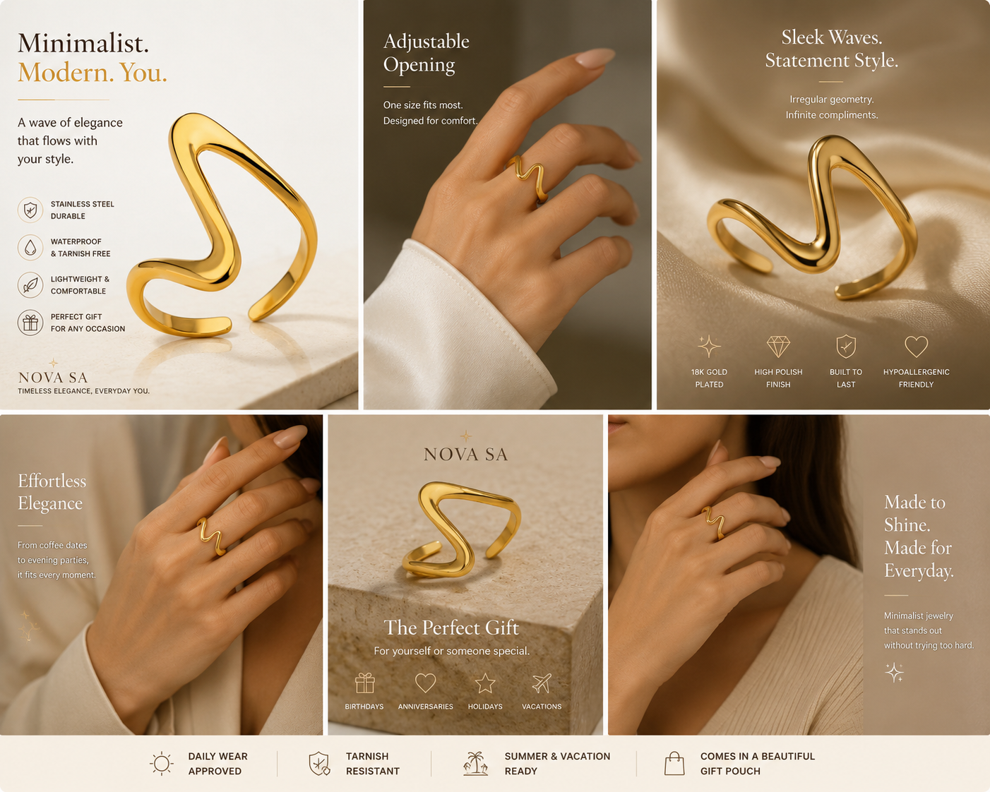 18K Gold-Plated Wave Ring – Adjustable Minimalist Statement Ring